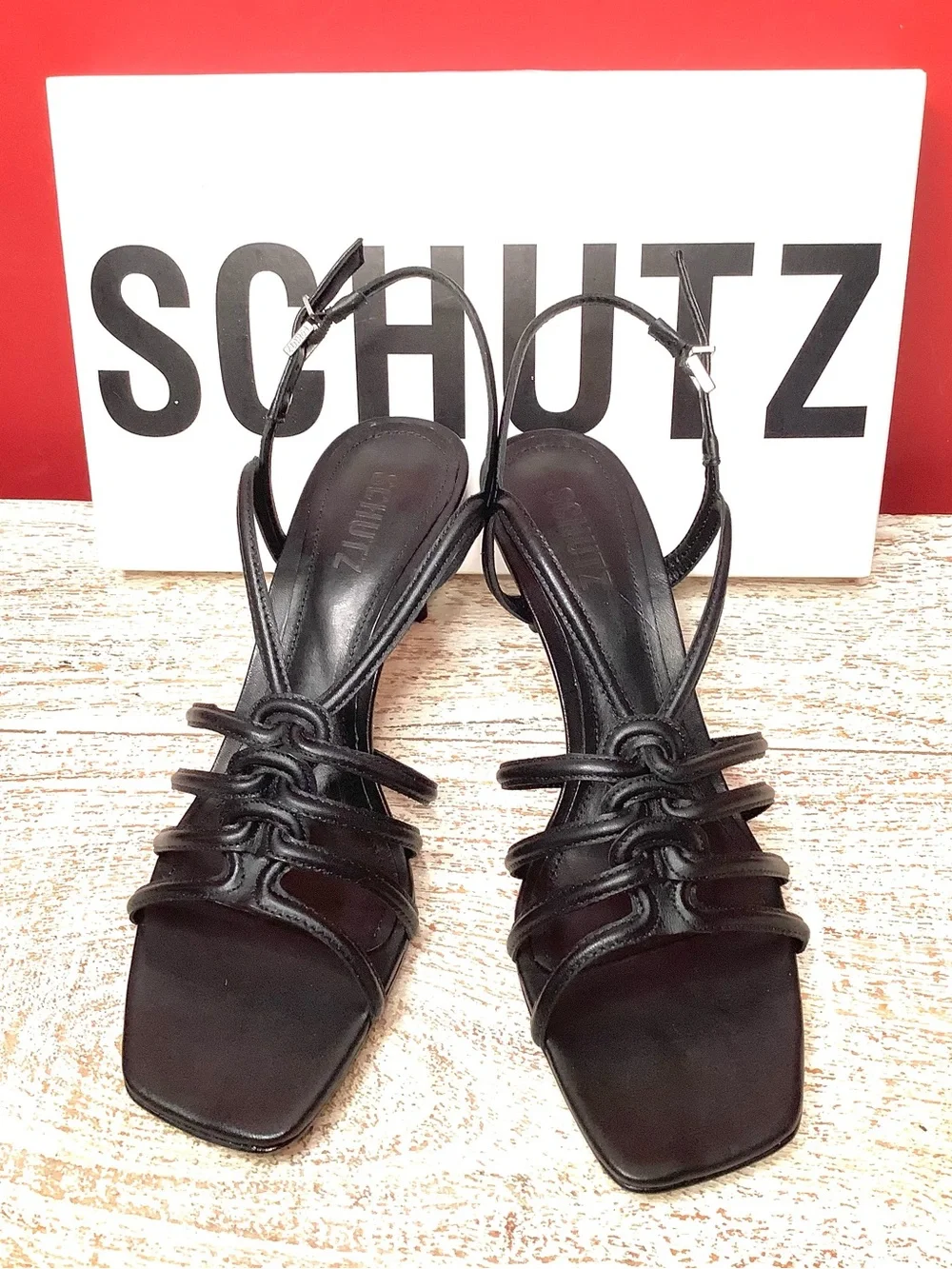 SCHUTZ Octavia Black Leather Knotted Strappy 3” Stiletto Sandals